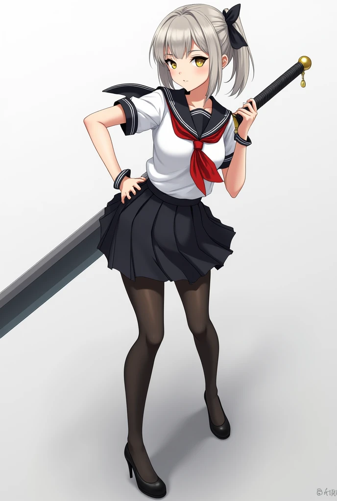  Girl Teen,  big breasts, fit,  sexy, Holding a Giant Sword , Grayish blonde hair, Short Ponytail , Black Tie Bow ,  yellow eyes,  Black Sailor Suit,  White Shirt ,  Short Sleeve Shirt,  Floating Waistcoat , Red Bow Shirt ,  Black Short Skirt , black panty...