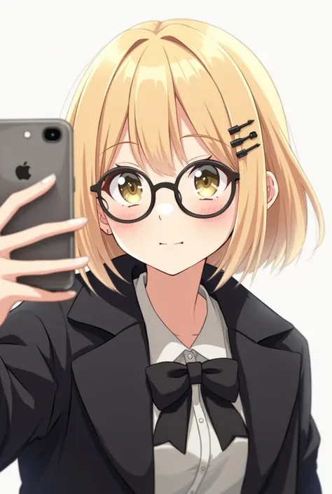 anime dziewczyna w blond krótkich pocieniowanych włosach. robi selfie. ma czarne delikatne okulary i spinki na włosach po jednej stronie. ma czarny płaszcz z kokardą na środku 