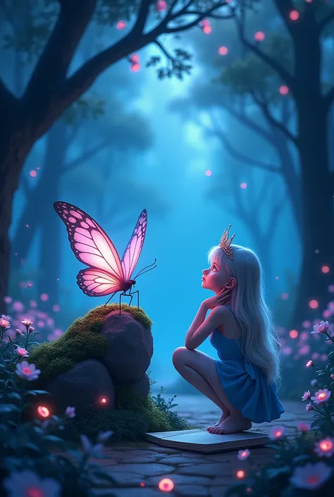  Scenario Description :
An enchanted garden filled with flowers that glow softly in shades of blue and pink. in the center,  a large and luminous butterfly is perched on a moss-covered rock .  Small rays of light cross the trees ,  creating a magical effec...