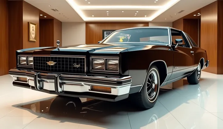 "An ultra-detailed 3D render of an old classic Chevrolet Monte Carlo, captured from the close front in a luxury showroom. The car features a gleamy black color with a bold Monte logo on the front. The iconic vintage grille with chrome detailing and classic...