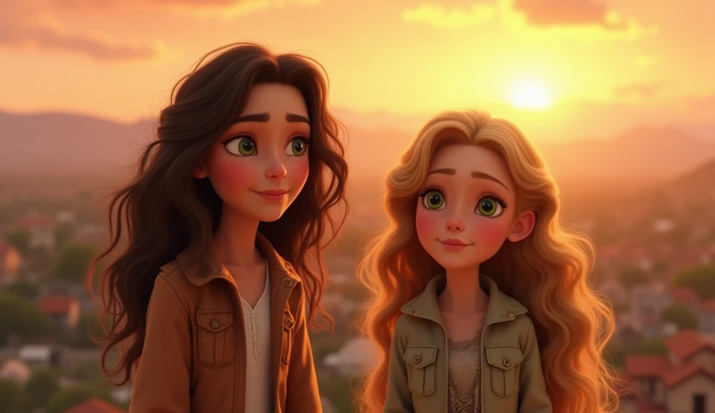 lyra, A petite young girl , ,  with brown and wavy hair ,  at shoulder height,  is wearing a simple and cozy jacket . ela tem olhos verdes.   She is next to Maia ,  a young woman of the same age and size ,  she has long blond hair , spots on her face .  is...