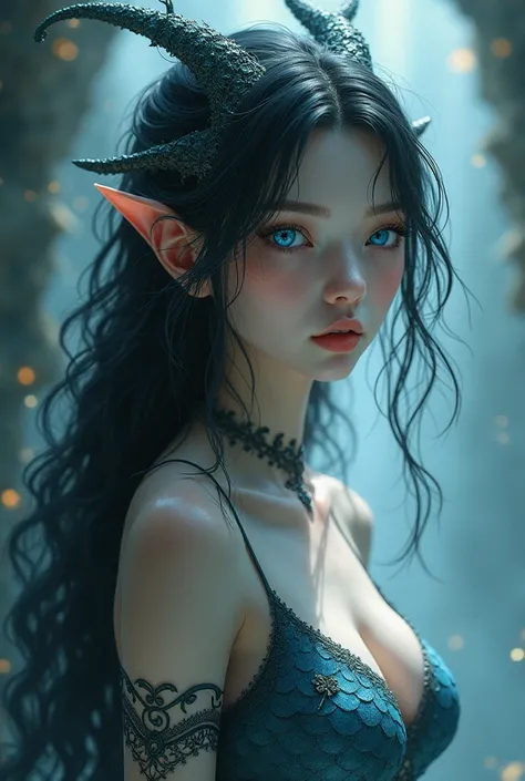 Dragon girl with black hair crystal blue eyes 