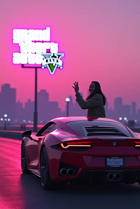 Un fond avec une vue sur Los Santos et une voiture de sport de GTA V légèrement flou un visage superposé a la voiture qui fait un signe de la main le logo de GTA V placé en haut a gauche avec un effet lumineux et couleur en dégradé de rose et de violet rap...