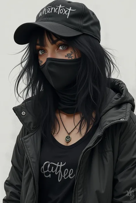 Beautiful realistic drawing girl looking aside wearing a black mask and black necklace and black outfit and black cap written on it gracıa with a tattoo and a little black hair black mask and make her mysterious girl with grey eyes and winter clothes 