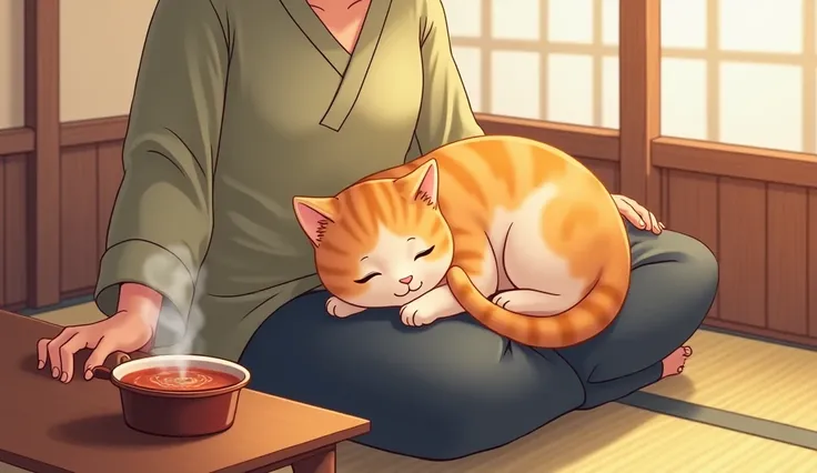  "An animated, heartwarming Japanese-style scene of a cat curling up on a person’s lap, seeking warmth. The person is sitting on a cushion in a cozy Japanese living room, with a low wooden table, tatami mats, and a hot tea cup beside them. The cat is conte...