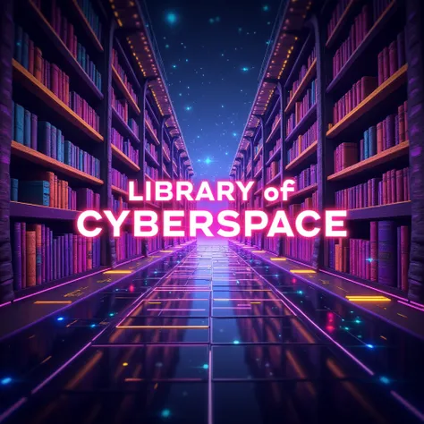 Create a colorful and vibrant YouTube banner for a channel called Chapters Unheard, featuring the title Library of Cyberspace. The banner should depict a futuristic, glowing library with towering digital bookshelves that stretch into infinity, symbolizing ...