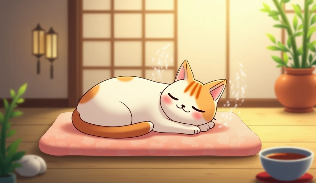 "An animated, peaceful Japanese-style image of a cat purring, with visual sound waves or soft lines around its body to represent the calming, therapeutic effect of its purr. The cat is lying comfortably on a futon, with its eyes closed and a soft smile. Th...