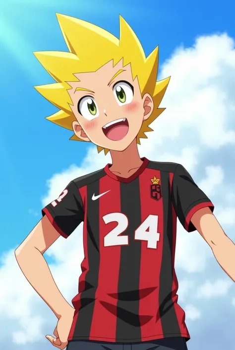 The image shows an animated character with spiky yellow hair and a cheerful expression, wearing a red and black sports jersey with the number "24" visible. The character is looking directly at the viewer with one hand on their hip. They are set against a b...