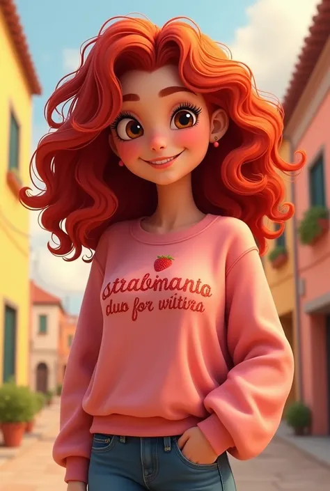 Animated style woman with red hair curled with sweatshirt written in Portuguese strawberry admin  