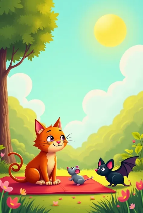 Create a vibrant, colorful rens illustration set outdoors under a sunny, bright sky. The scene features:

A playful orange cat sitting comfortably on a big red mat in the foreground.
A small gray rat running nearby with a curious expression.
A fat black ba...