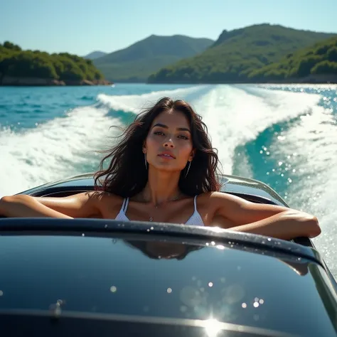  A Brazilian woman ,  hottie, Inside a speedboat, seen from afar