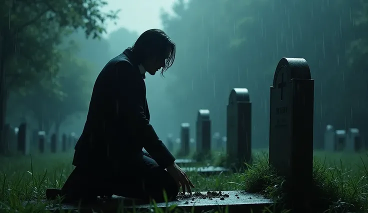 Keanu Reeves as john wick knee down in the graveyard, moon light falling and little rain falling on ground. 