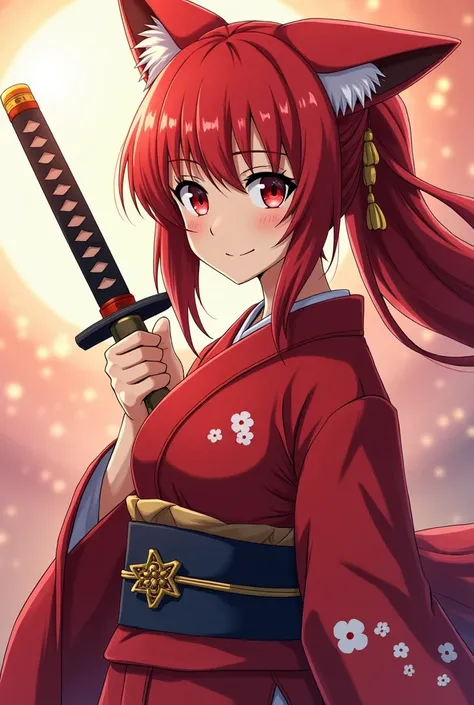 anime girl with red hair holding a sword and wearing a kimono, from sengoku period, fox nobushi holding a naginata, female samurai, handsome guy in demon slayer art, she is holding a katana sword, katana, anime character, akiyuki shinbou, shikanosuke yagak...