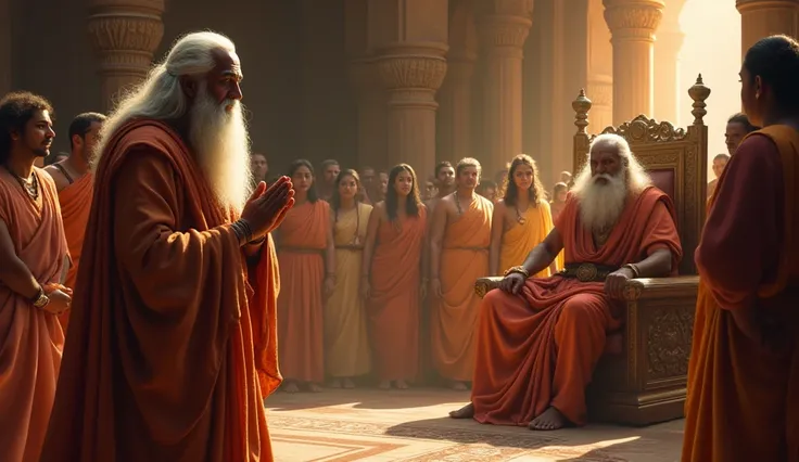 "An elderly sage with long white hair and beard enters the royal court. King Vikramaditya, folding his hands in reverence. The king listens intently from his throne while courtiers watch curiously. The scene reflects respect and intrigue."