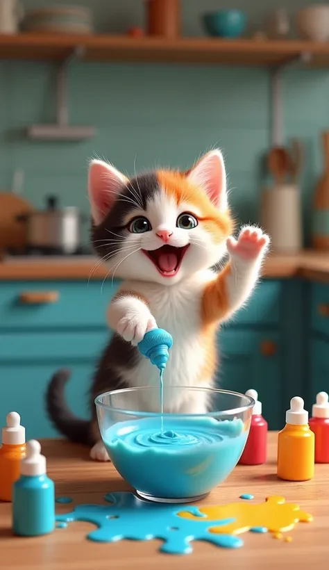 
"An adorable tricolor kitten with soft, fluffy fur in shades of orange, black, and white, standing on its hind legs with an excited, playful expression. The kitten is holding a bottle of food coloring in its tiny paw and enthusiastically squeezing vibrant...