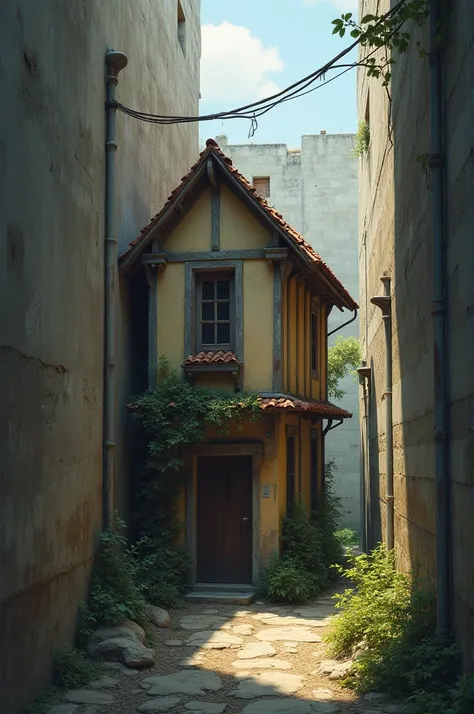 Maison coincée entre deux grands murs avec une gouttière délabrée 