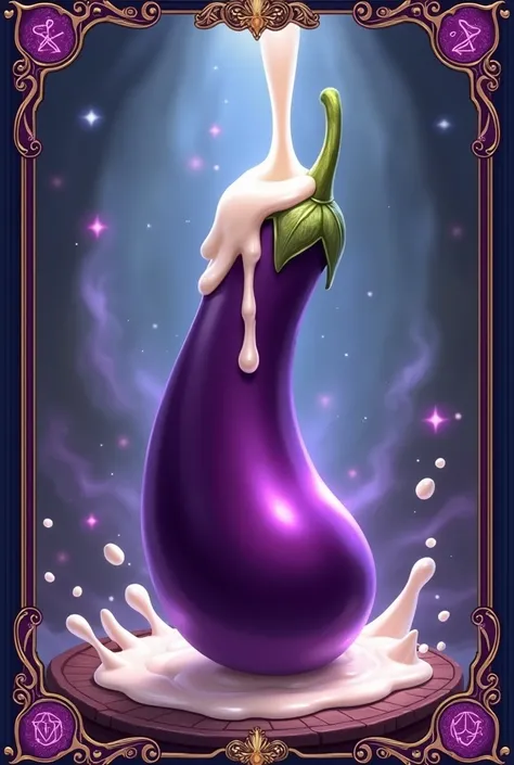 Magic card of a slender eggplant with the tip of white condensed milk