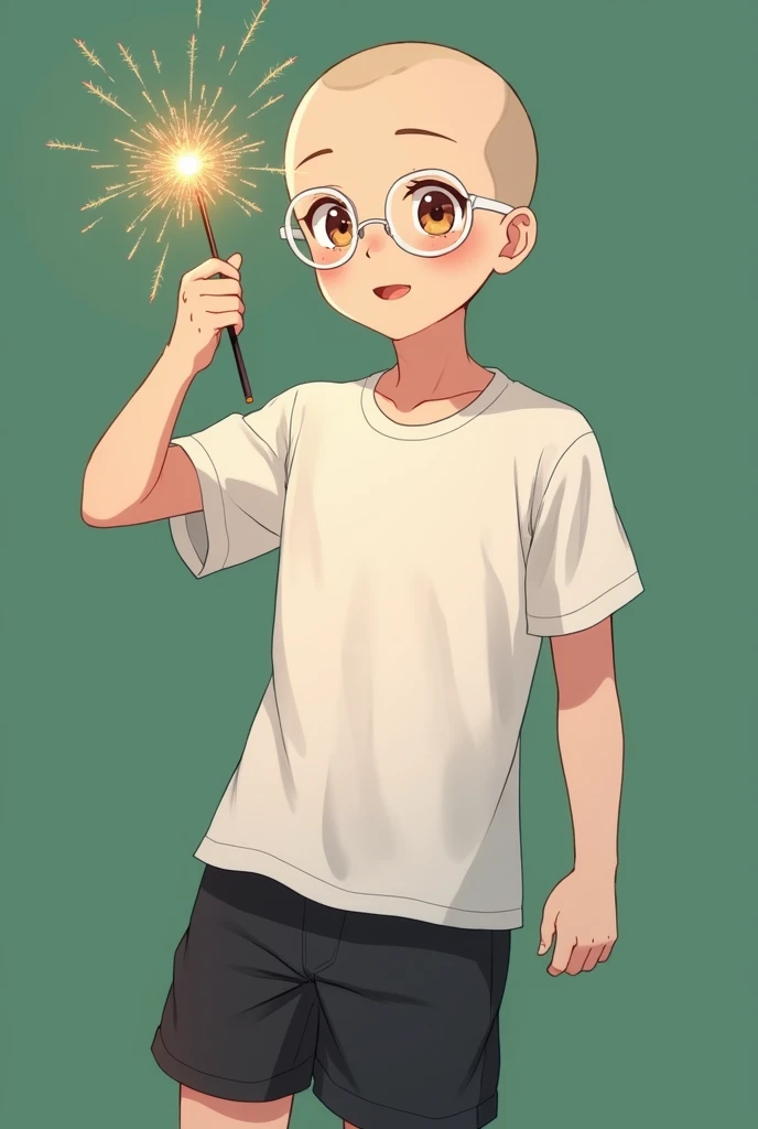 an anime boy, holding a sparklers firework, looking forward, peach eyes, sweet smiling face, closed mouth, pink lips, slightly upturned eyes, dark brown eyes, very fair skin, wearing round white glasses, bald, wearing white clothes, short sleeve shirt, bla...