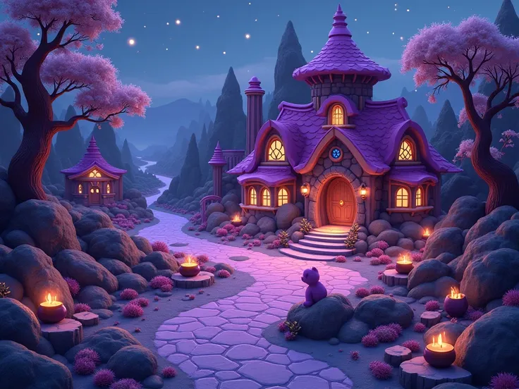 Witch CG, aerial view, high-definition scene concept map, large scene horizontal composition, large depth of field, wide-angle game, original picture, candy, purple, twinkling, night 