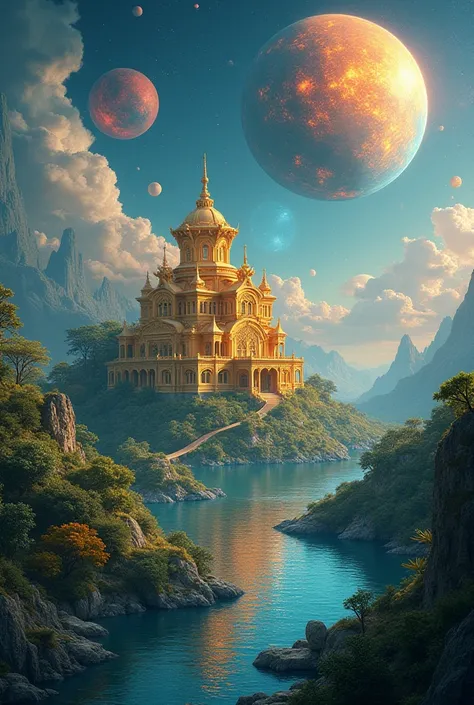 Imagine a beautiful landscap.With different planets in the sky, river and a big house             Of gold in the center. 