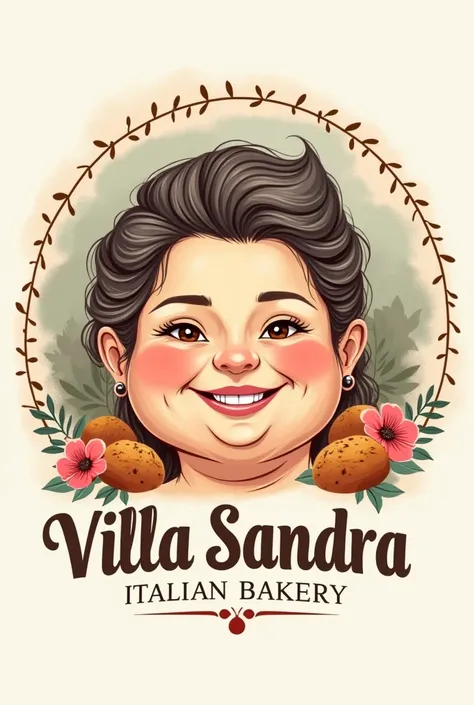 Create a logo of a bakery called Villa Sandra with the face of a chubby lady