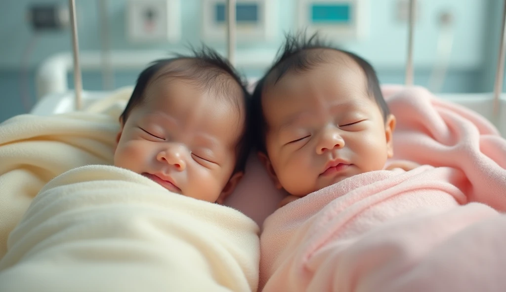 A hyper-realistic scene of two newborn Indonesian babies resting side by side in a hospital crib. They are swaddled in soft pastel-colored blankets, with their tiny faces peeking out, eyes closed. The hospital background features sterile white walls and bl...