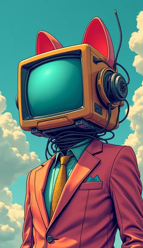 A man in a maneki-neko suit and a 、 cathode-ray tube television is flying through the sky、 multiple CRT television head humans with cables wrapped around them、 drawing composition 、In cyberpunk, a man in a suit with neon coloring 