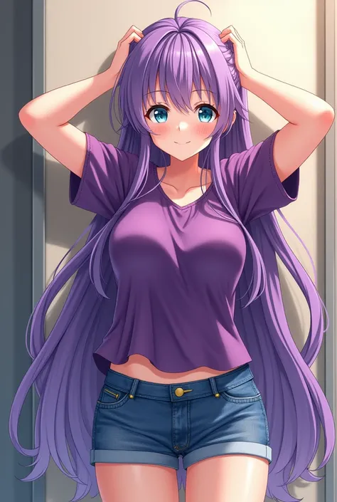  Smiling anime girl with long purple hair, wearing a sexy purple blouse and jeans shorts, *******, hands in hair, WITH YOUR HANDS BEHIND YOUR HEAD, Beautiful body,  big boobs, purple hair purple, long purple hair, girl sexy, purple hair long, gorgeous ligh...