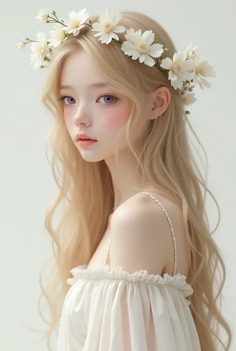 Porcelain leather girl , long gold blonde hair  , purple eyes,  height 1,55,  white dress saggy shoulders ,  white flower crown on the head, sideways, blush, innocent face