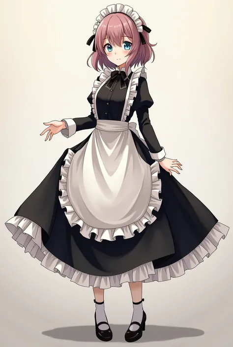 a woman in a dress and a bow tie is standing, an anime drawing inspired by Li Chevalier, trending on pixiv, neo-figurative, rem rezero, loli in dress, silver eyes full body, official character art, anime girl wearing a black dress, single character full bo...