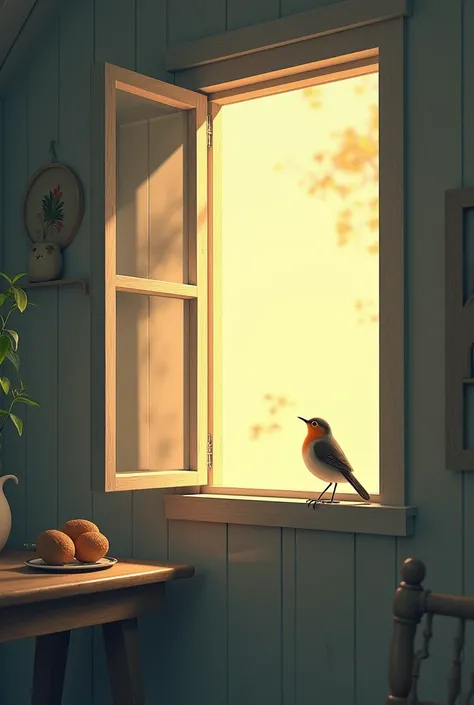 A cozy, small home with an open window and a lone bird perched on the sill. 