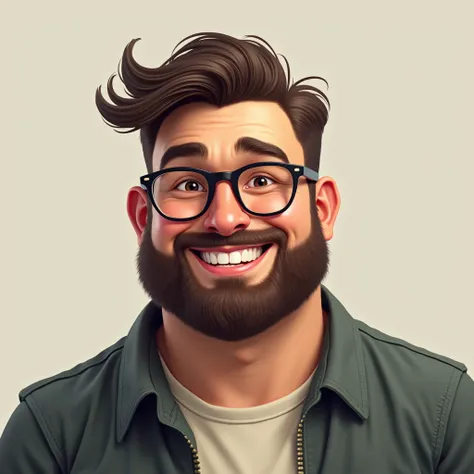 A slightly chubby guy with a beard and glasses, neat hair, smiling