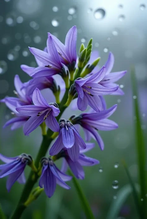 Create an image showing a close-up view of purple flowers with green stems to add a touch of color and life to the scene, a glass background covered in raindrops with a blurry background. In the background, giving a contrast between the sharpness of the ra...