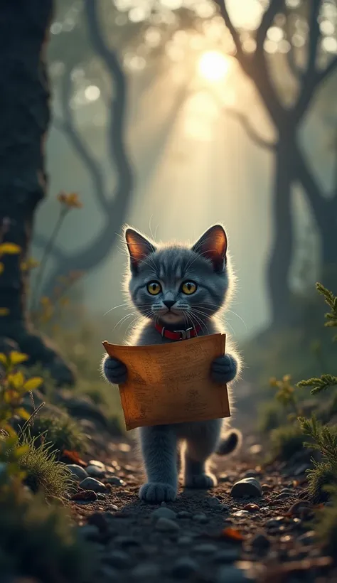 A small gray kitten with honey-colored eyes, a white circle on its left eye, and a red collar, is walking through a misty forest, holding an ancient treasure map in its paws. The forest is dark and dense, with towering, twisted trees and thick fog on the g...