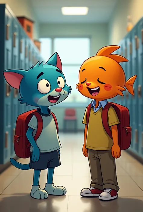  generate an image of Gumball and Darwin from The Incredible World of Gumball as if they were boys, Have them in a school 