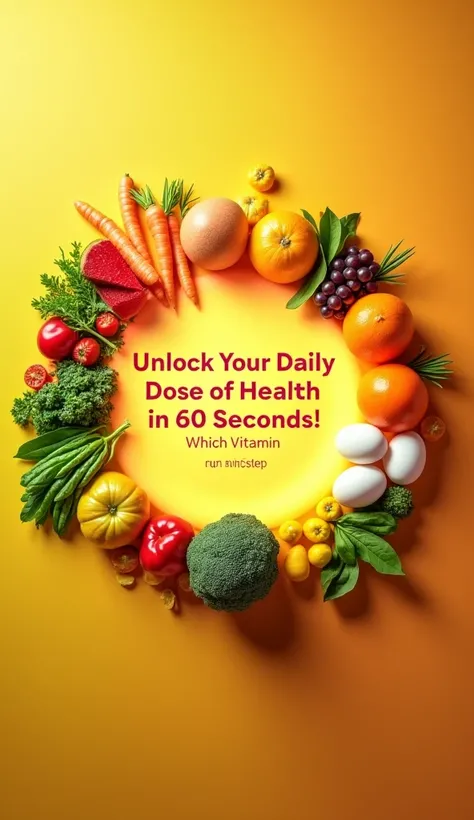 Create a vibrant 9:16 image with a colorful array of fruits and vegetables representing different vitamins (like carrots, oranges, spinach, eggs, etc.), arranged in a visually appealing circular or symmetrical pattern. In the center, add a subtle glow or l...