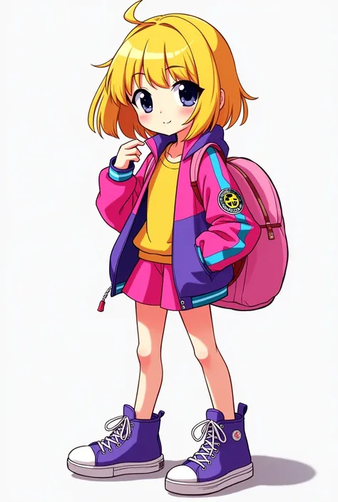  anime adolescent girl with yellow hair and black eyes with a bright pink and purple jacket with cyan stripes, yellow and magenta and a light pink t-shirt underneath.  Her jacket has a CLADE patch on the right sleeve .  She also wears purple sneakers with ...