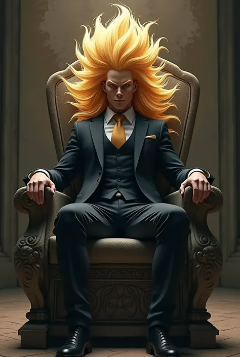 Señor del Fua with Supersayajins hair in business suit sitting on a stone throne with low lighting 