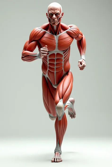 An image of an anatomical full-body male model with all muscles and nerves in the runners posture