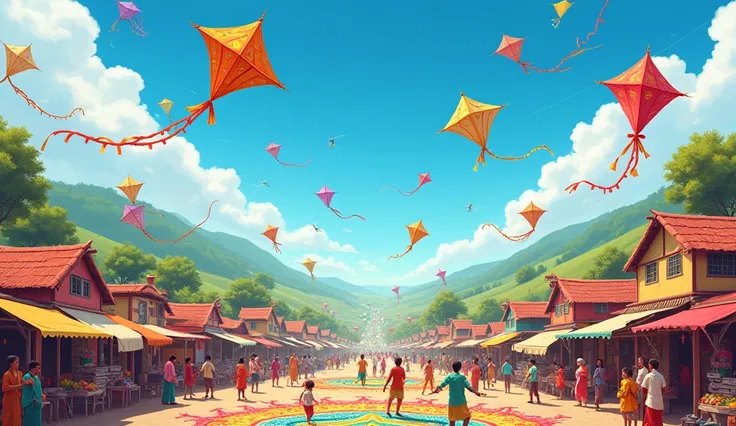 A vibrant Indian village (decorated beautifully for Makar Sankranti with ren flying kites up in the sky and everyone looks happy)  with colorful houses, lush green fields, and a bustling marketplace.