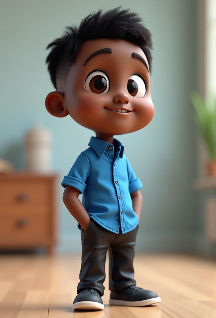 Cartoon character of a black man and blue shirt,  black pants,  full body ,  short hair,  Animated character ,   stylized character  ,  animation rendering style , 3D stylized, Arnold Maya rendering,  stylized 3D rendering,  cartoon rendered screenshot , 3...