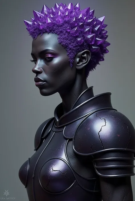 Please generate a portrait of a female earth genasi for D&D. She should have dark, charcoal stone-colored skin with glittering sparkles like gem dust. She should have lines marking her skin like cracks, showing glimmering gem-like veins and a faint glow. H...