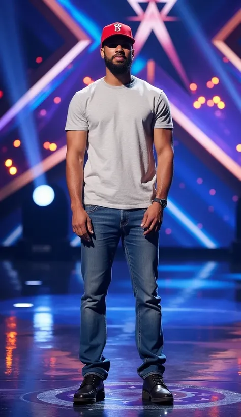 A tall and skinny man wearing a red baseball cap, light grey  t-shirt, and blue jeans, standing confidently on a brightly lit stage. The stage features a dynamic and colorful background with the signature Americas Got Talent logo design, including glowing ...