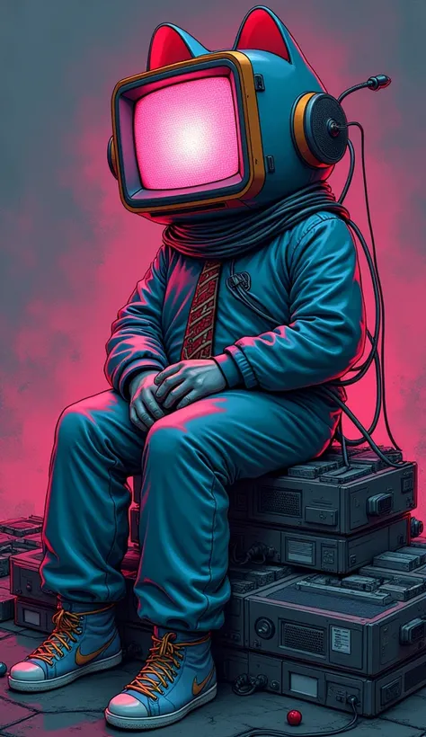 A man in a maneki-neko suit and a 、 cathode-ray tube television head with a cable wrapped around it、Heaps of videotapes piled up high、Sitting on、the cable is wrapped up、Multiple cathode-ray tube television heads with neon coloring in cyberpunk in a drawn c...