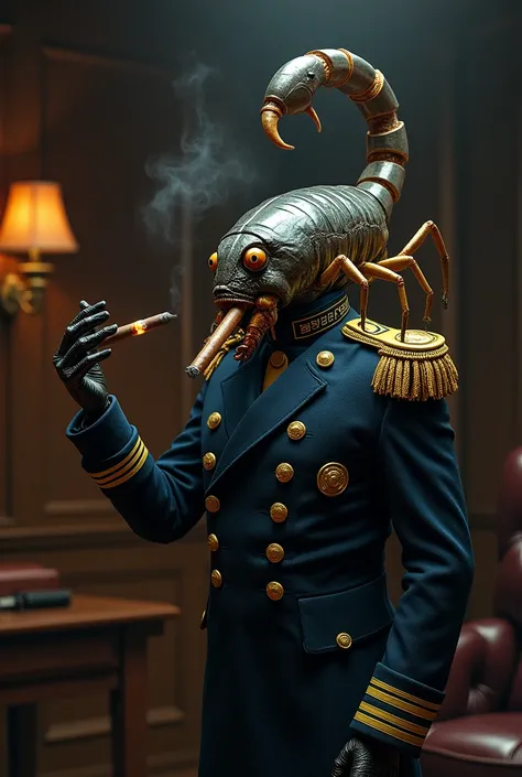 scorpion in a navy officer uniform smoking a cigar