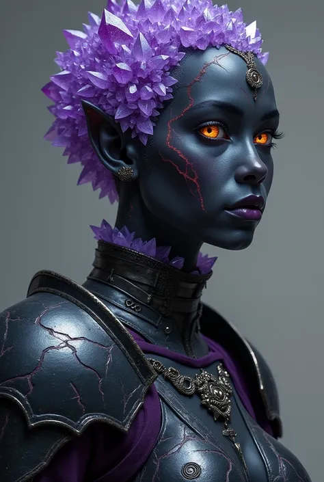 a portrait of a female earth genasi for D&D. She should have dark, charcoal stone-colored skin with glittering sparkles like gem dust. She should have lines marking her skin like cracks, showing glimmering gem-like veins and a faint glow. Her short hair sh...