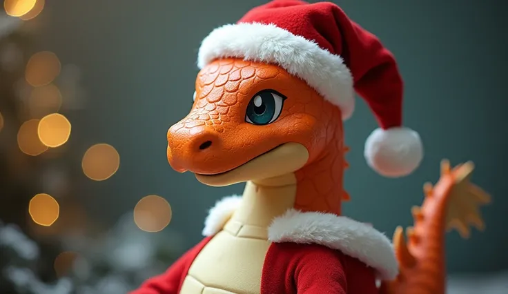 Upper-Lower Torso shot of Dragonite in the style of santa claus, medium shot, subtle smile, Hyper-realistic, photography, portrait, close-up, Nikon D850 real foto 4k hdr.