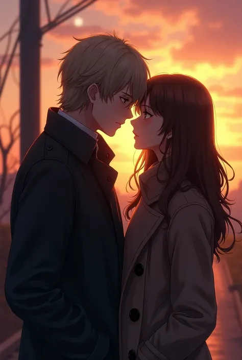  having dark blond hair、 a man with medium length hair and 、Shadow of a brunette woman  ( couples after insertion),  both wearing coats , At sunset.