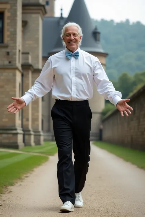 Beautiful man, strong physique, white colored social blouse, long black pants, white colored social shoes, white hair in ponytail, silver colored eyes, slender appearance, elegant, with outstretched arms, light blue bow tie, smiling look, old castle scener...