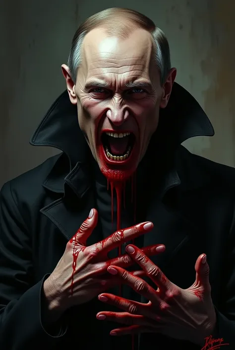 Vladimir Putin in the form of a terrible vampire with blood on his hands and teeth